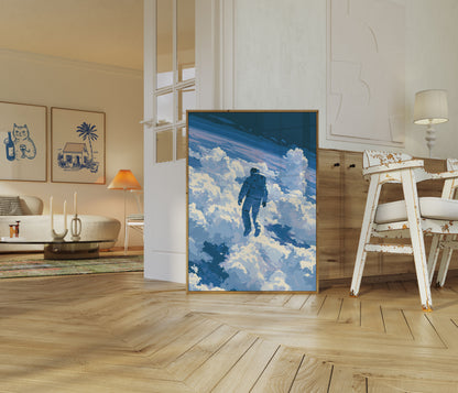 Astronaut flyr gjennom skyer plakat