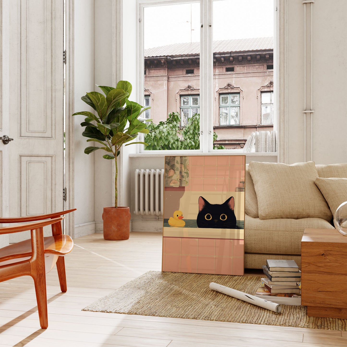 Schwarze Katze im Bad Poster