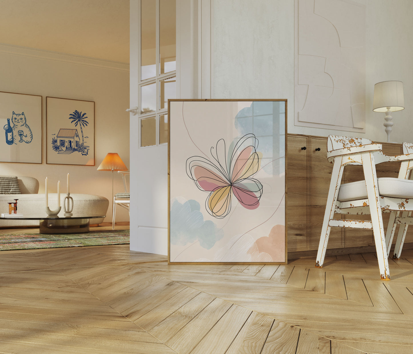 Póster de arte lineal de mariposas