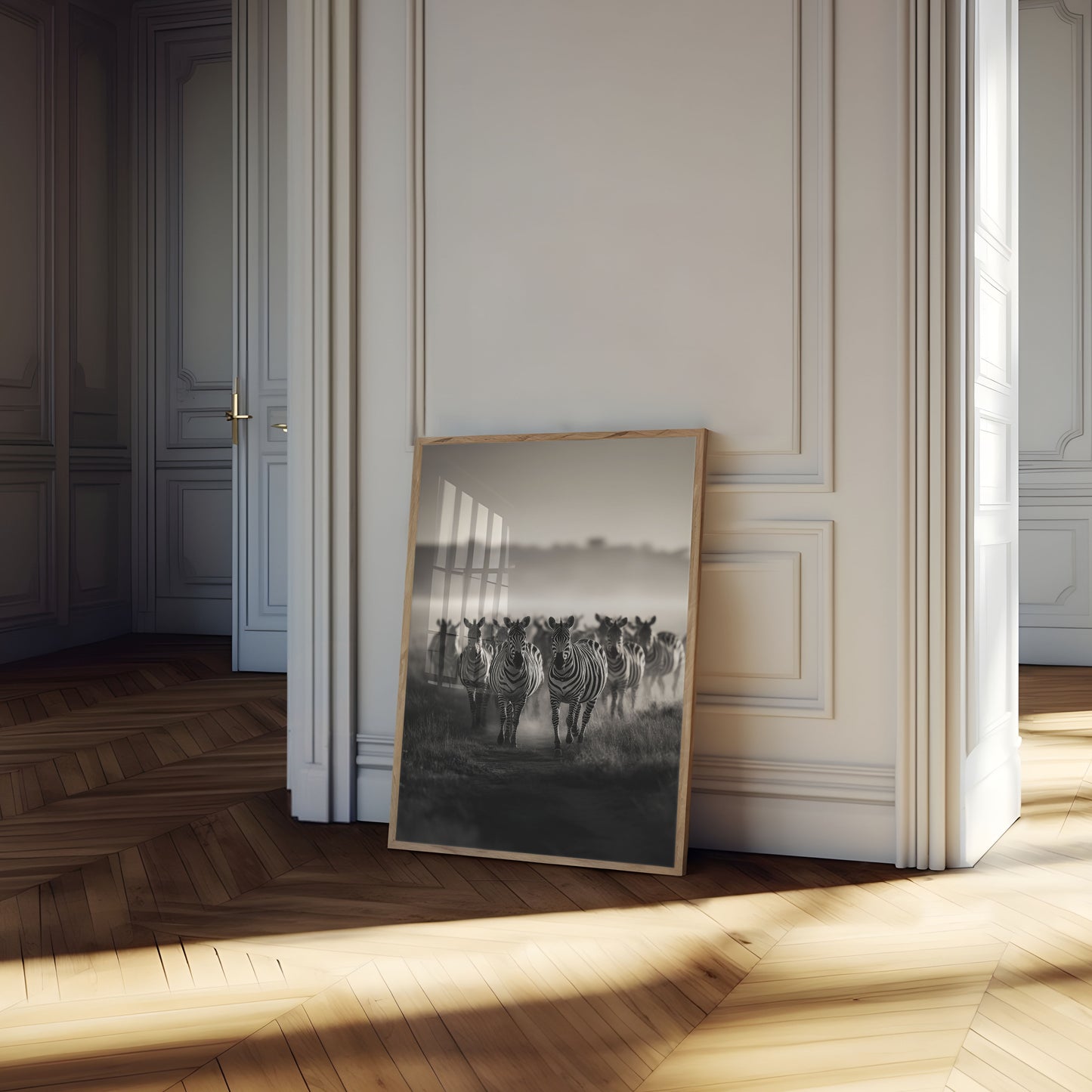 Zebra Herd Black and White Poster