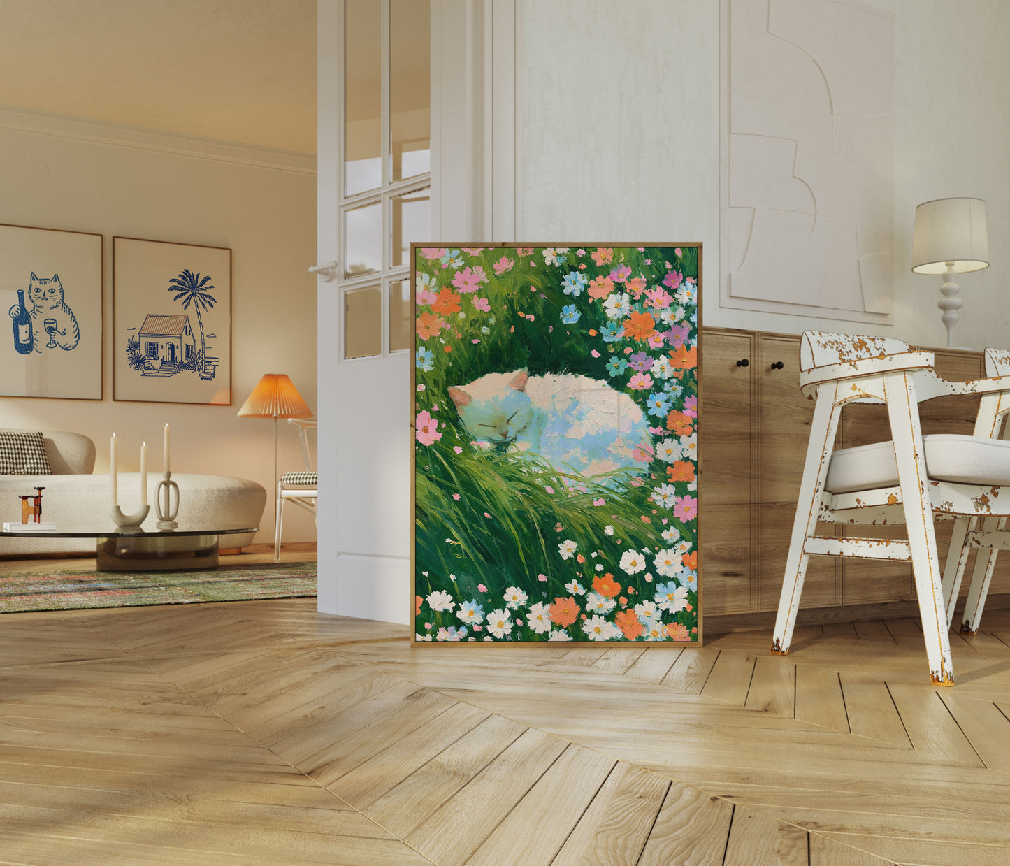 Sleeping Cat in Flower Garden Poster