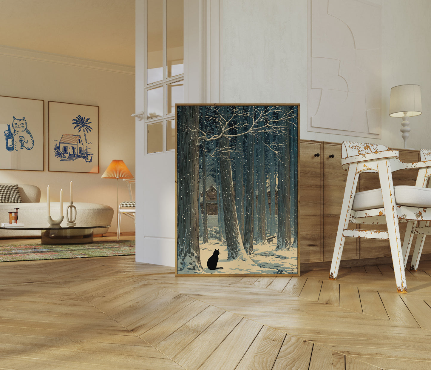 Schwarze Katze Winter Tempel Poster