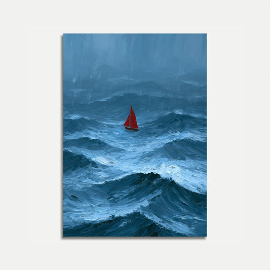 Rød sejlbåd i stormfuldt hav plakat