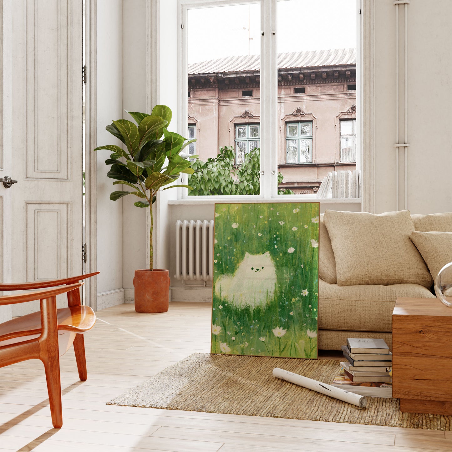 White Cat in Flower Meadow Poster