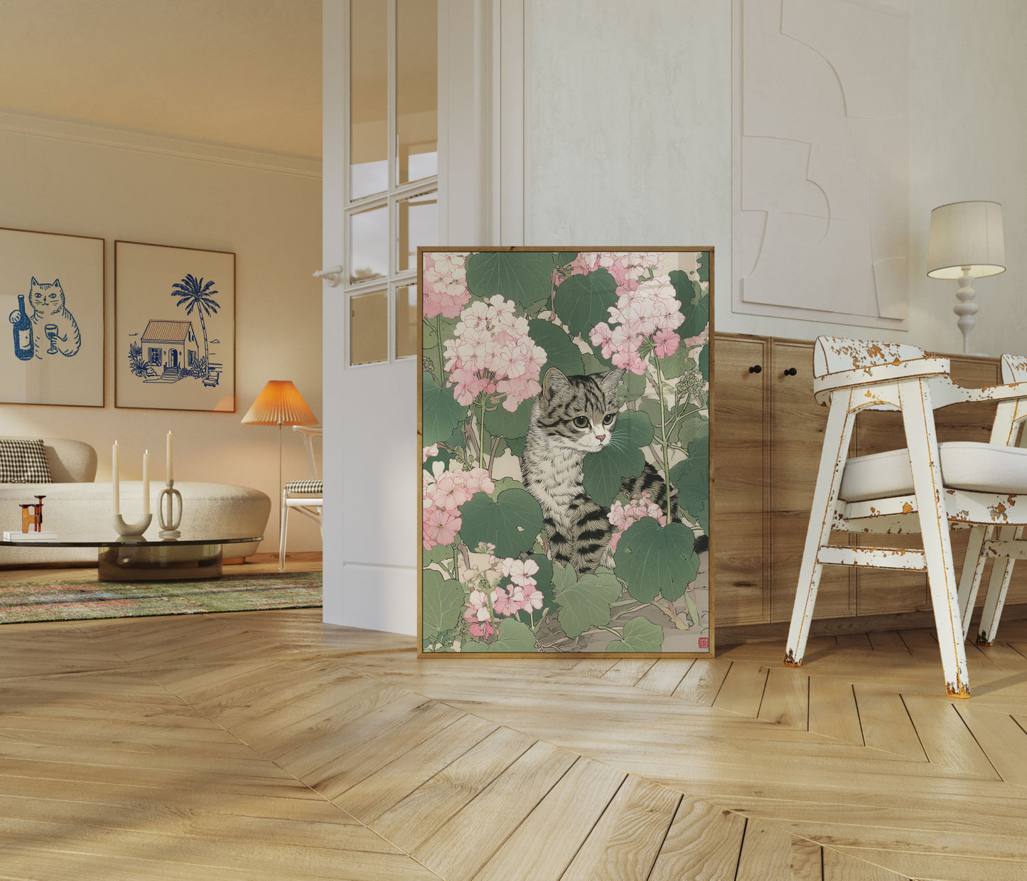 Gestipte Kat Tussen Geraniums Poster