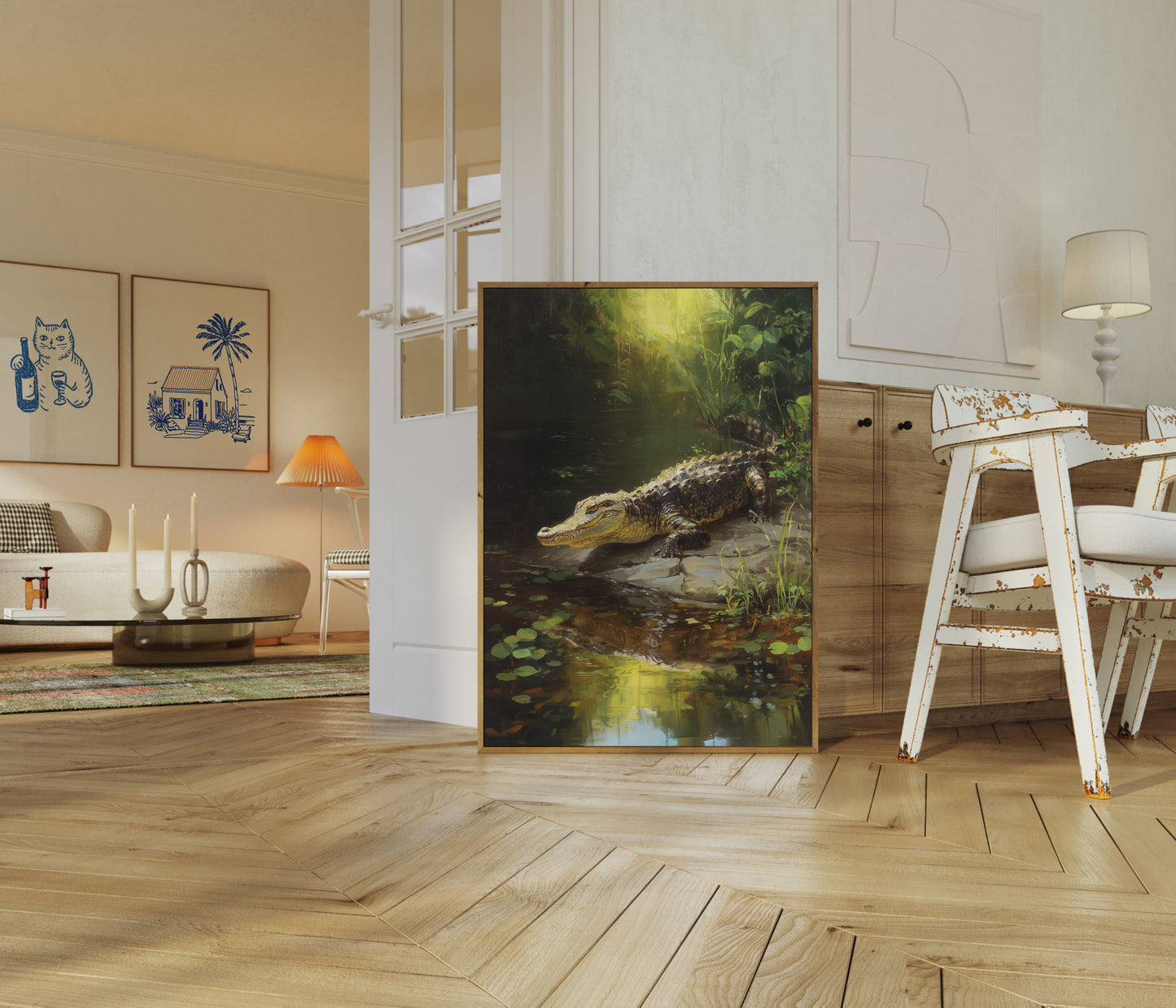 Póster de humedales de caimanes iluminados por el sol