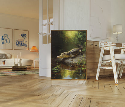 Póster de humedales de caimanes iluminados por el sol