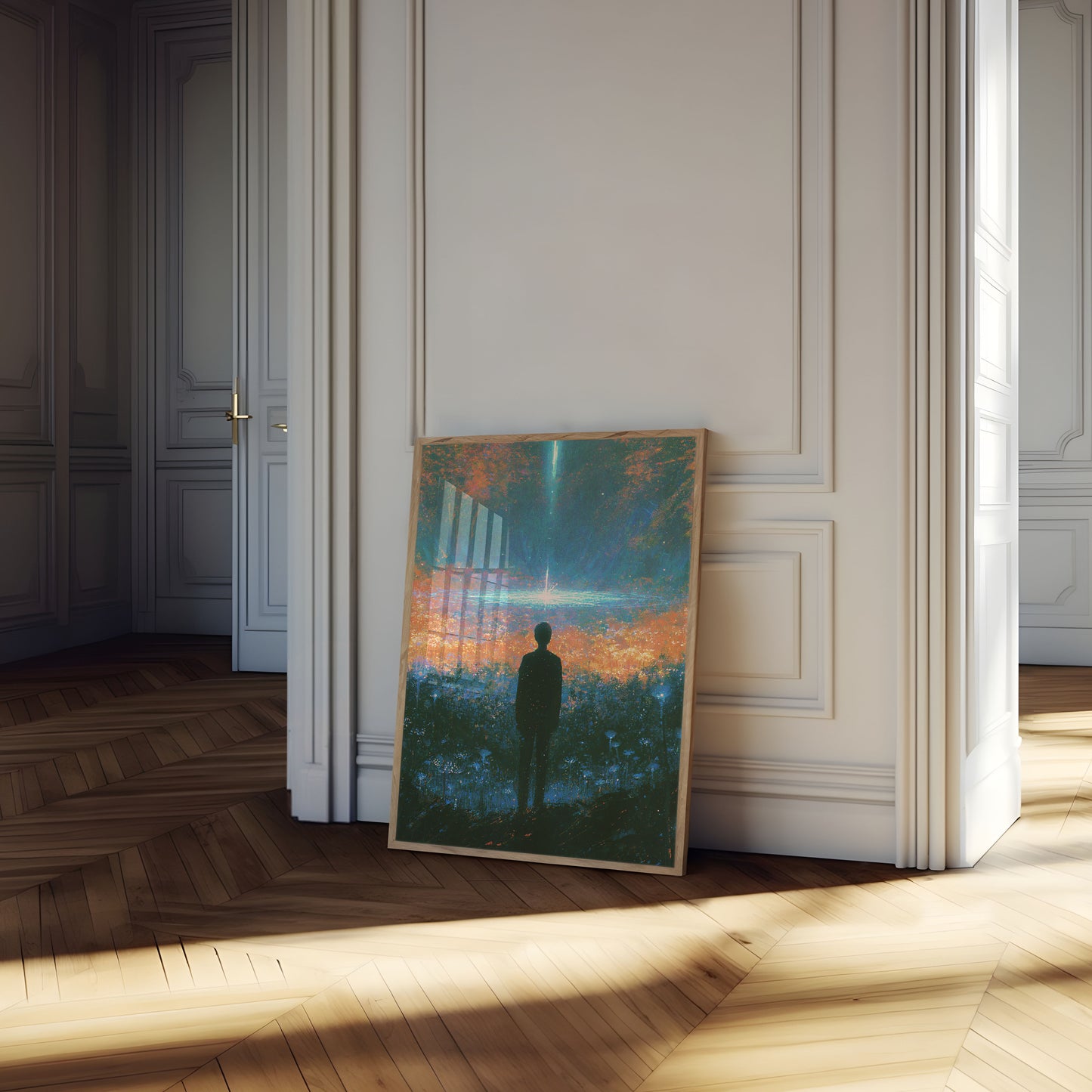 Poster: Figura solitaria nel bosco luminoso