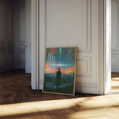 Poster: Figura solitaria nel bosco luminoso