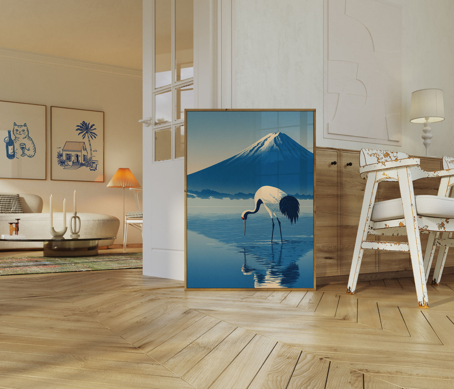 Crane by Mount Fuji Poster