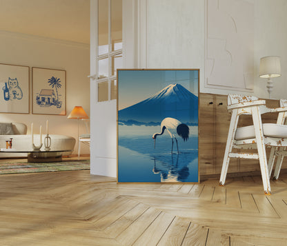 Crane by Mount Fuji Poster