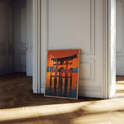 Cartel de Puesta de Sol de la Puerta Torii Japonesa