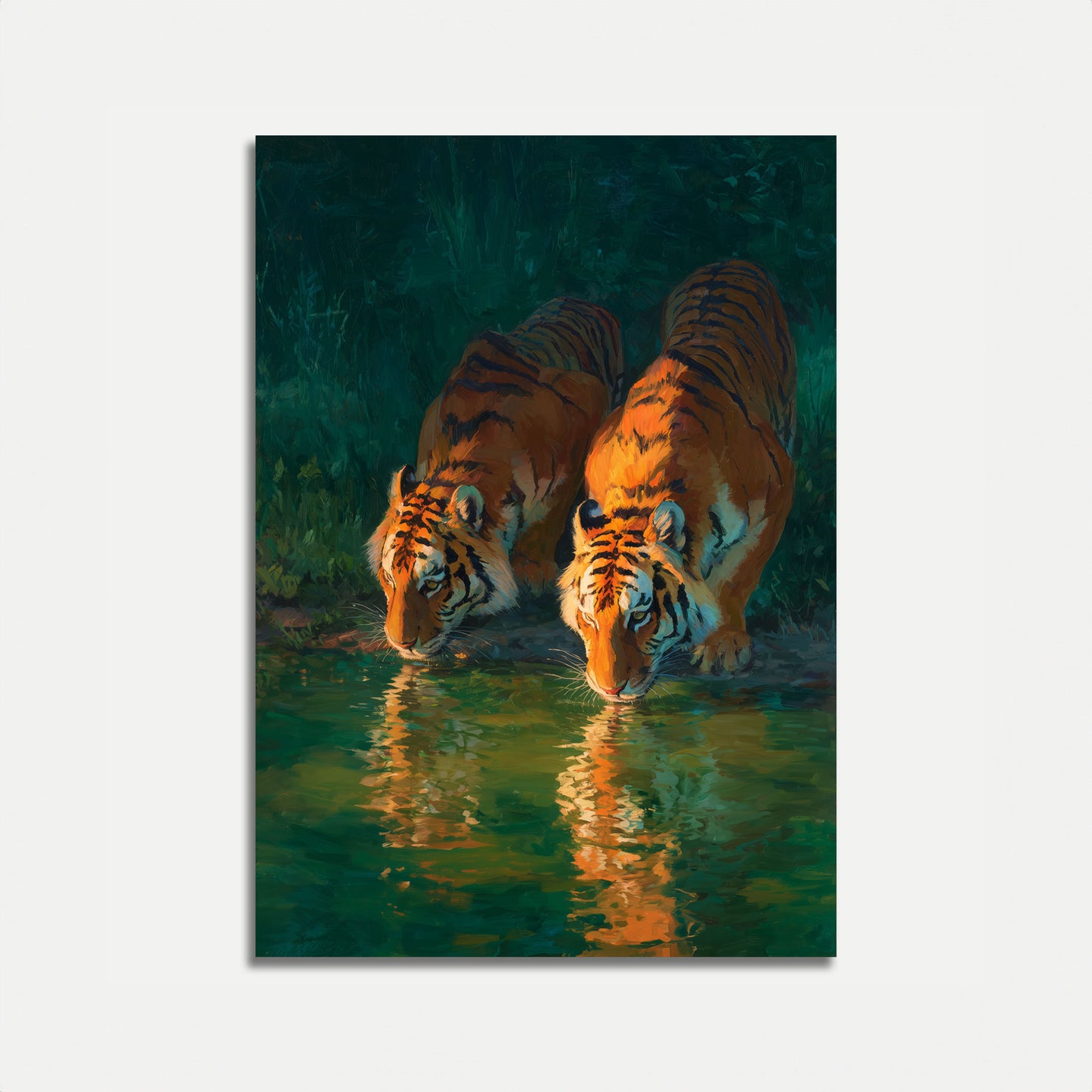 Tigers Drinking at Waterhole Poster