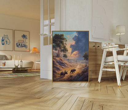 Triceratops Wildfire Landscape Poster