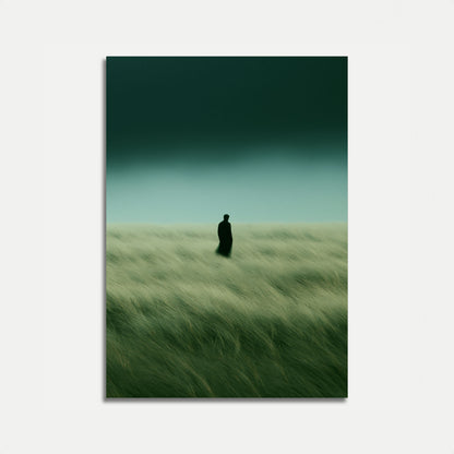 Einzelne Figur auf Poster in windiger Graslandschaft