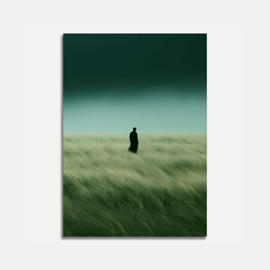 Solitary Figure in Windy Grassland Poster