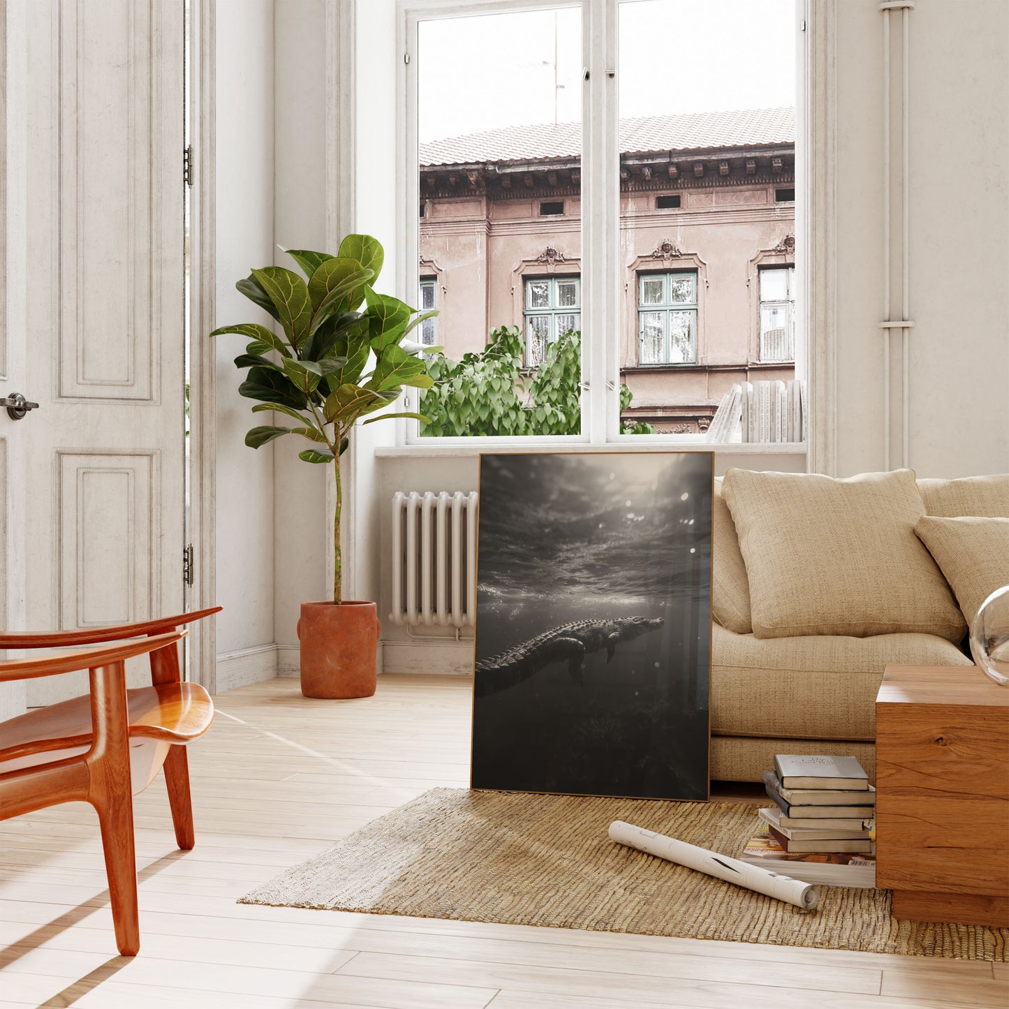 Póster en escala de grises de un depredador submarino