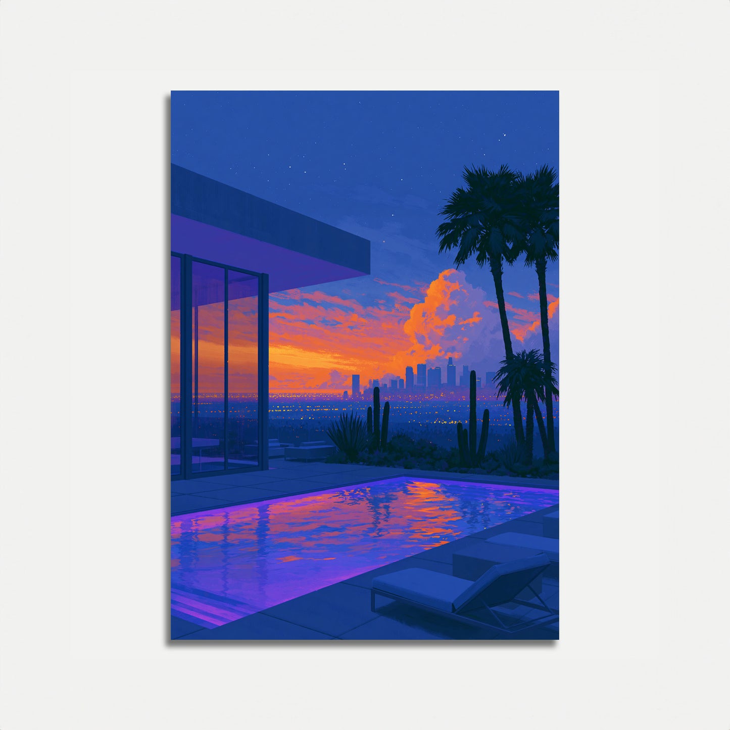 Vista do pôr do sol da cidade da piscina Cartaz