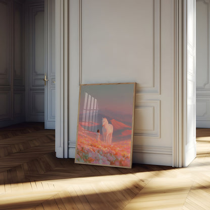 Mädchen und weißes Pferd Sonnenuntergang Poster