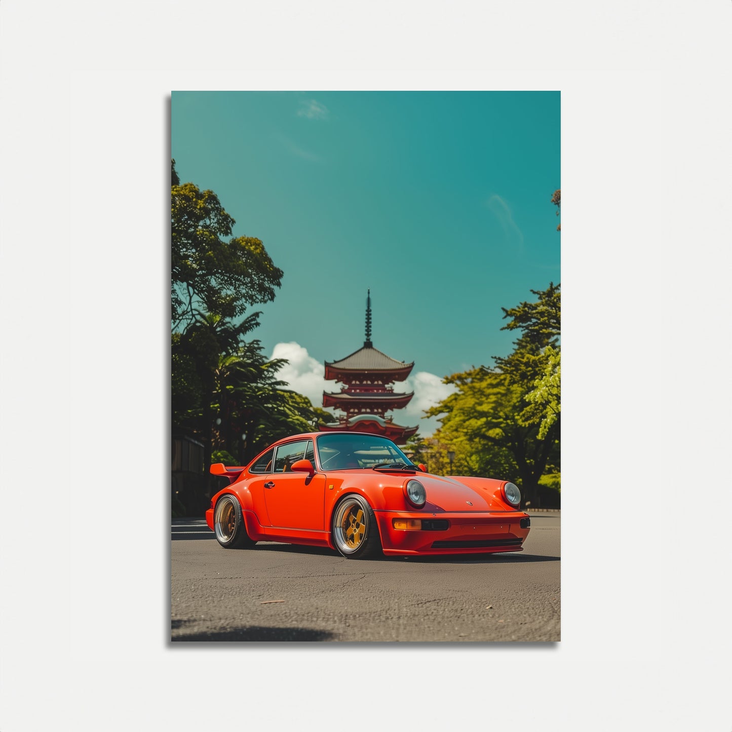 Oranje Porsche Tokyo Pagode Poster