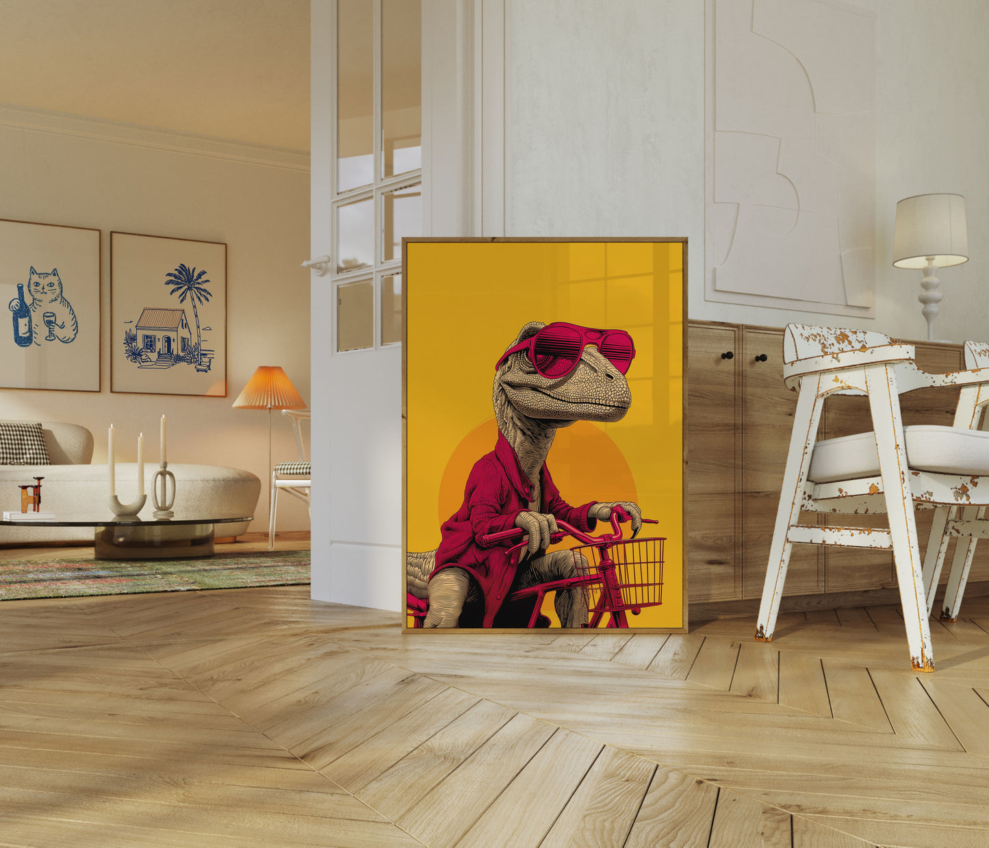 Póster genial de paseo en bicicleta con dinosaurios