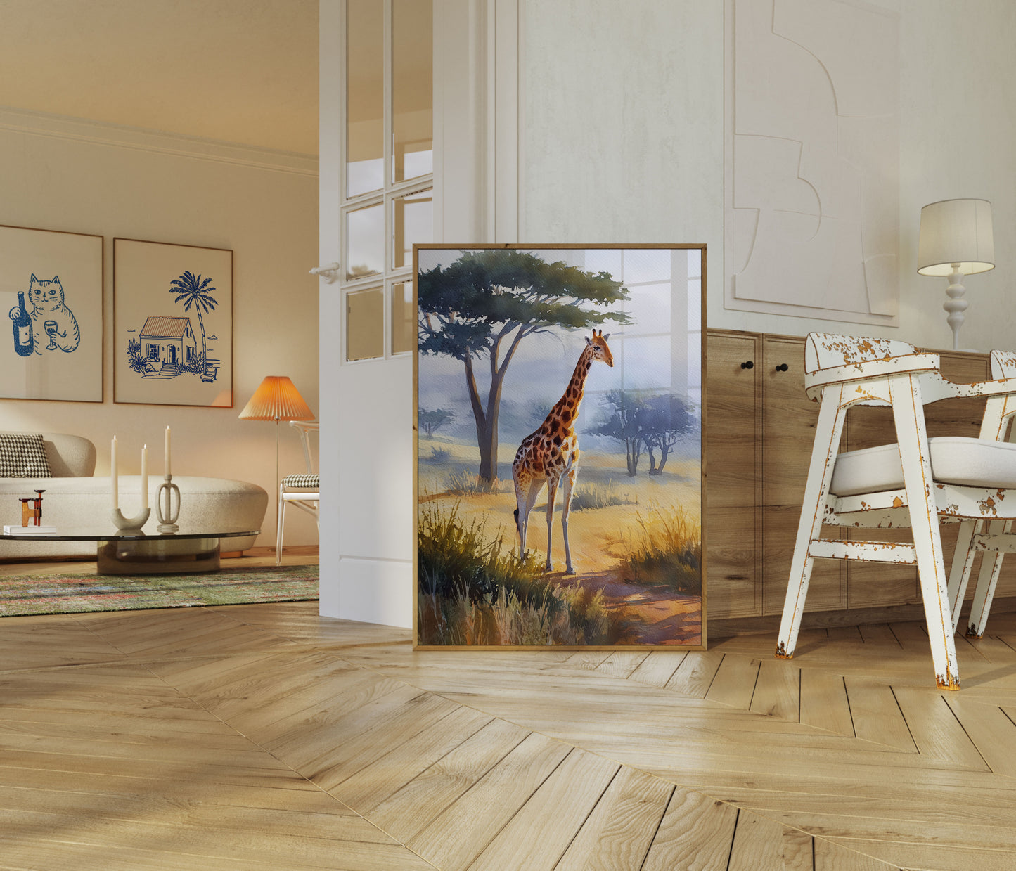 Póster de jirafa en la soledad de la sabana