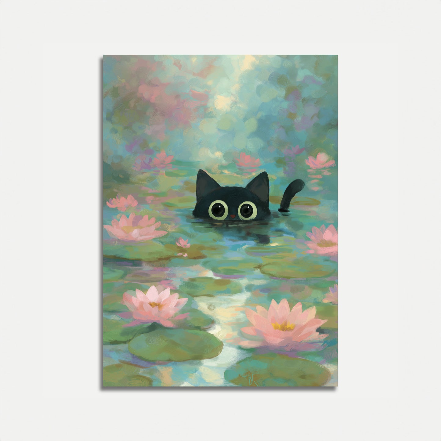 Curious Cat in Lily Pond Poster