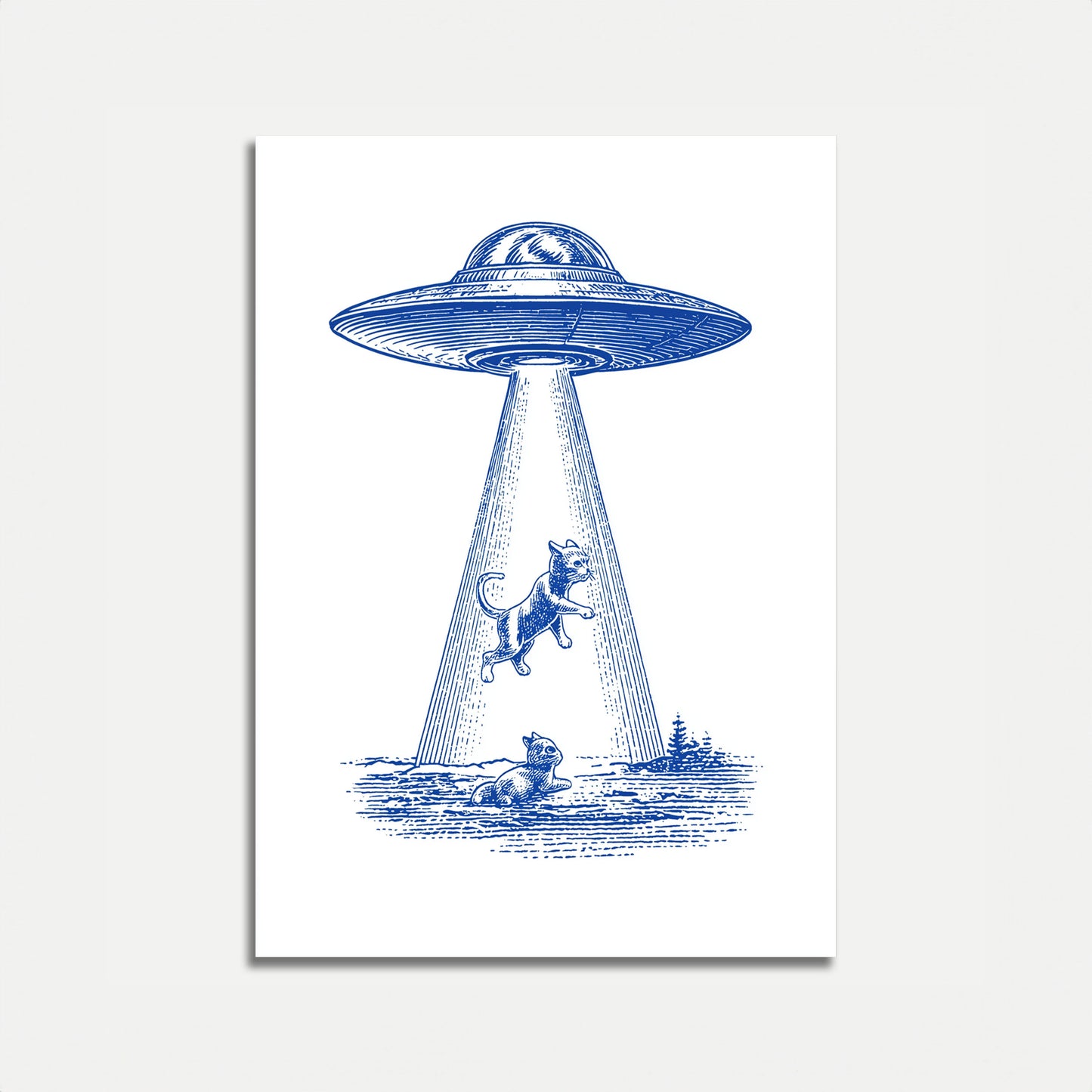 Póster azul de abducción ovni de gato