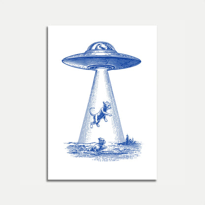 Póster azul de abducción ovni de gato