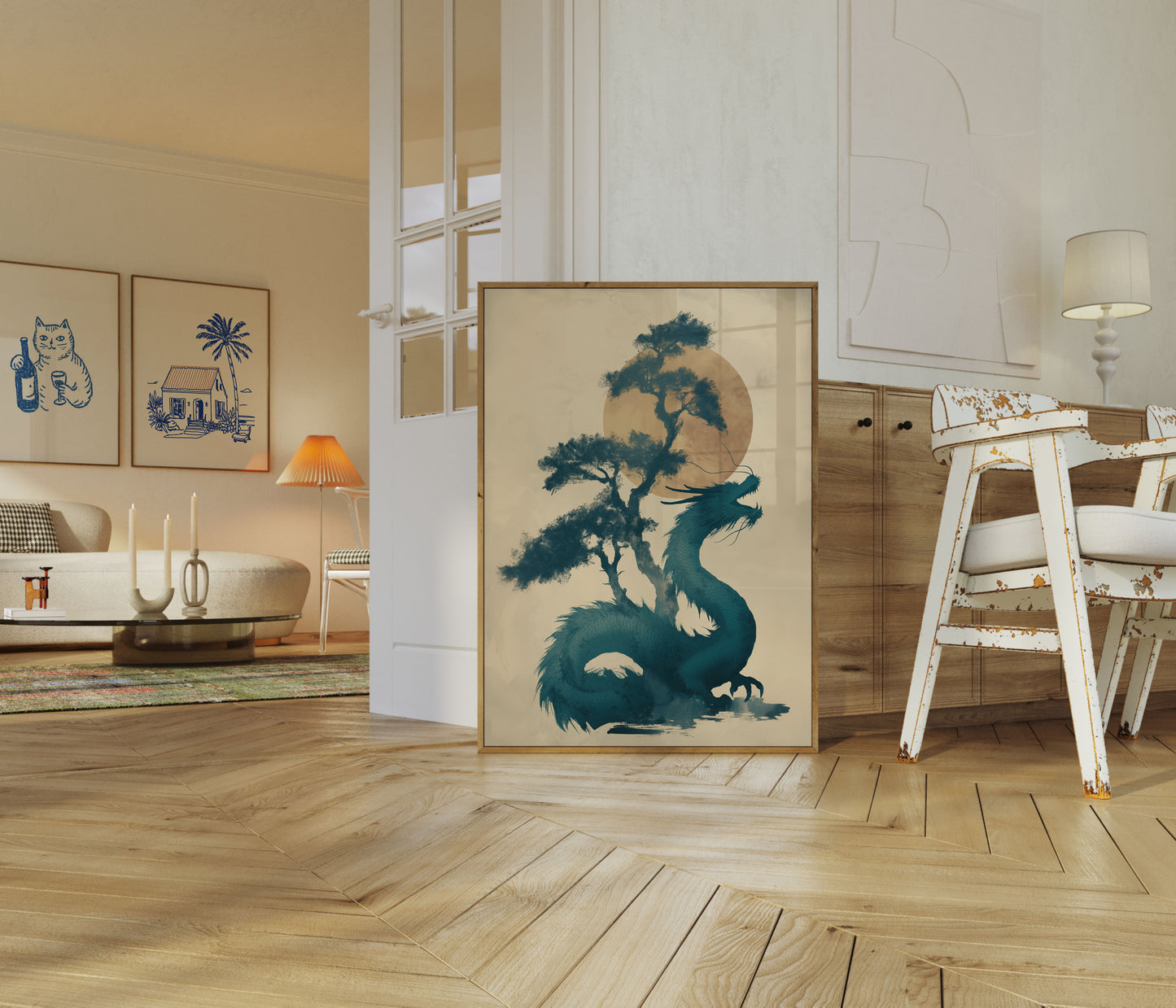 Póster de silueta de drago místico