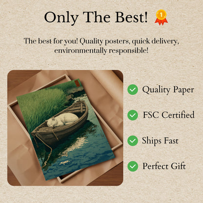 White Cat in Wooden Boat Poster