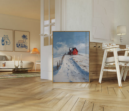 Casa Colonica Rossa Solitaria in Inverno Poster