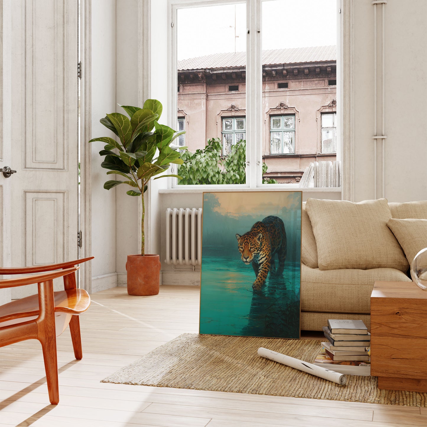 Jaguar Wading Through Turquoise Waters Poster