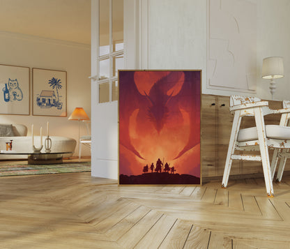 Póster épico de enfrentamiento con dragones