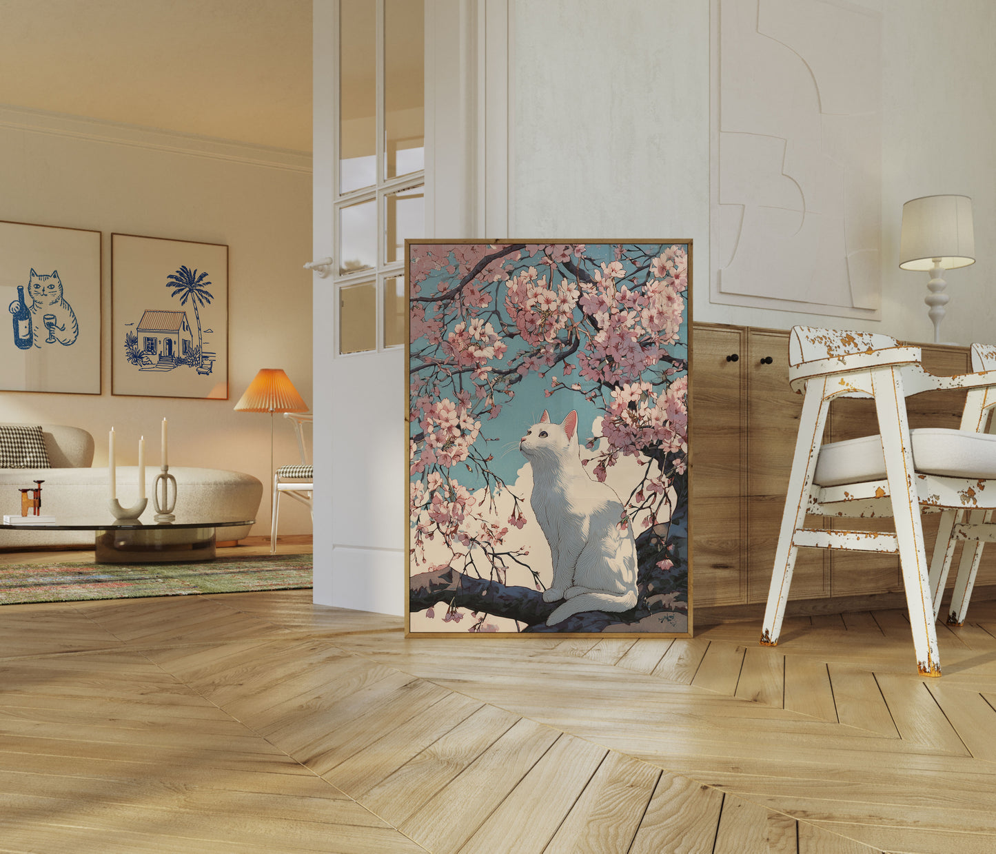 White Cat Among Cherry Blossoms Poster