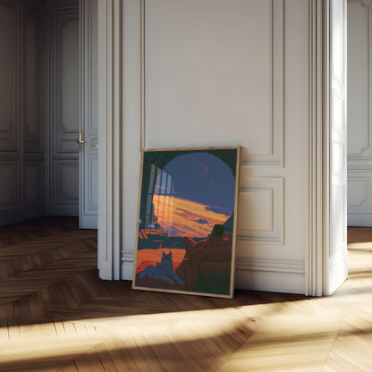 Avontuur poster zonsondergang buitenaardse planeet