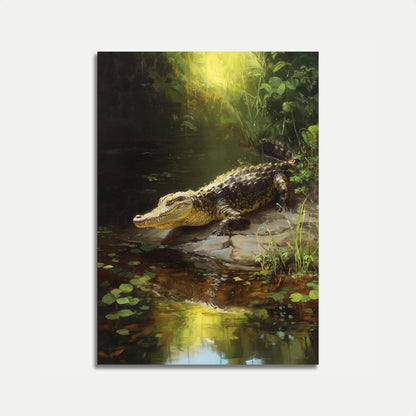 Póster de humedales de caimanes iluminados por el sol