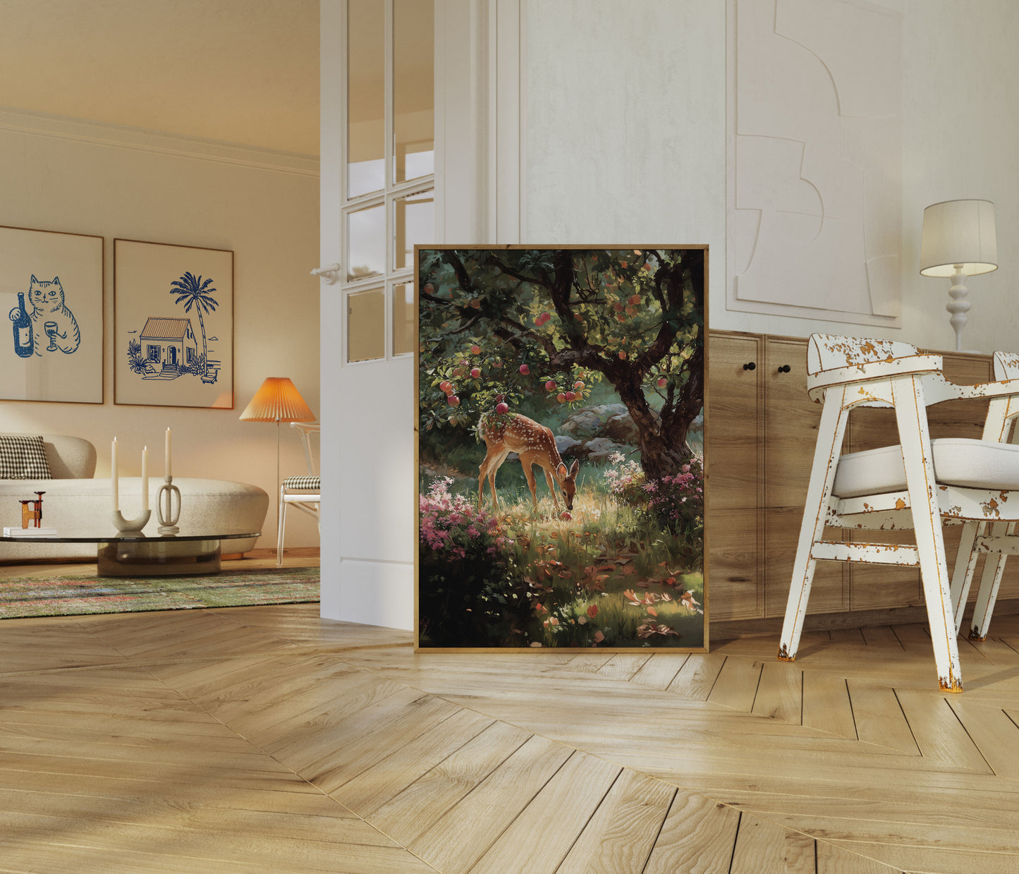 Deer in Orchard Garden Poster