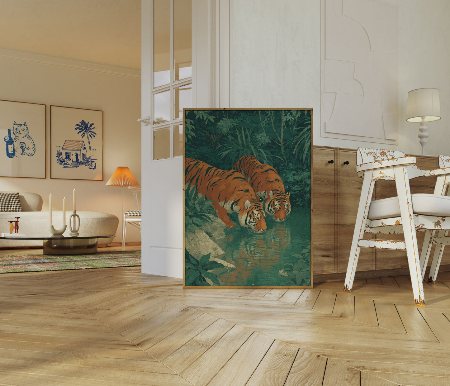 Tigers Drinking from Jungle Stream Poster