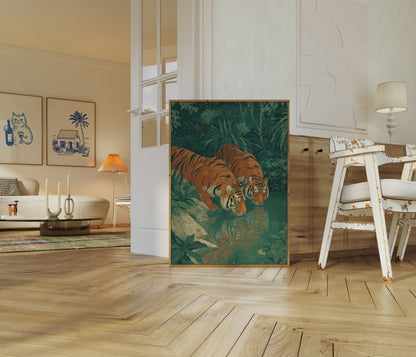 Tigers Drinking from Jungle Stream Poster