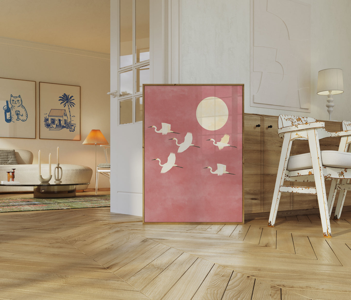 Cranes Flying at Sunset Poster