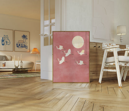 Cranes Flying at Sunset Poster