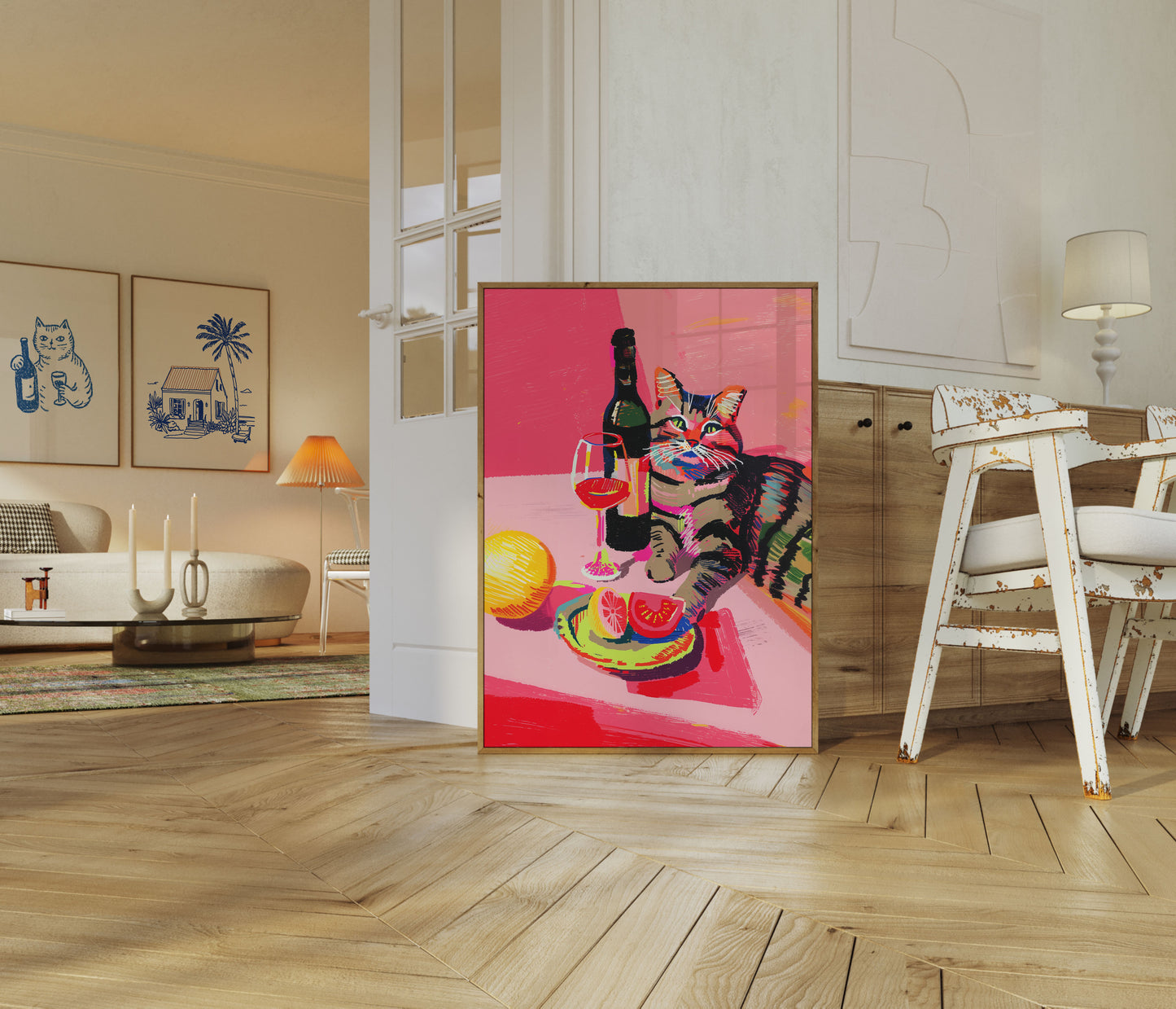 Colorful Cat Wine Night Poster