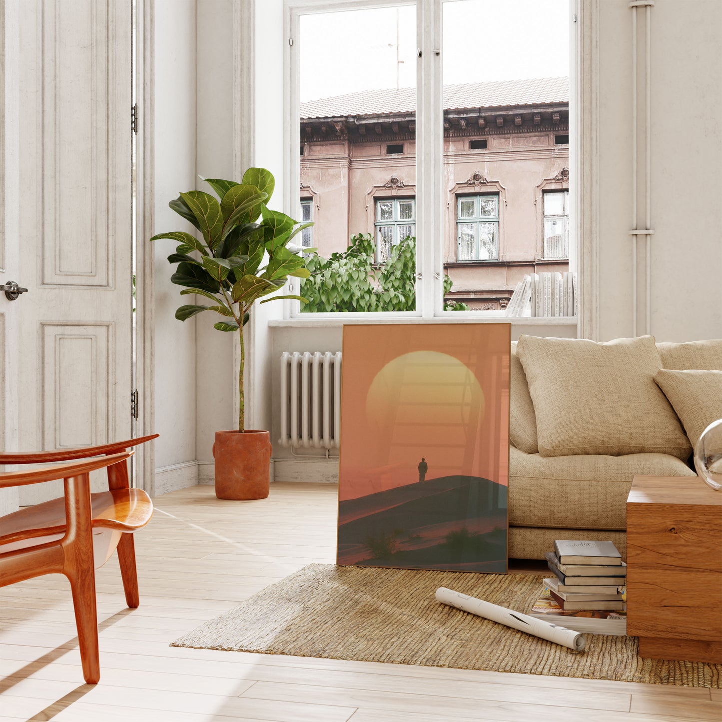 Wüsten-Sonnenuntergang-Poster mit einsamer Figur