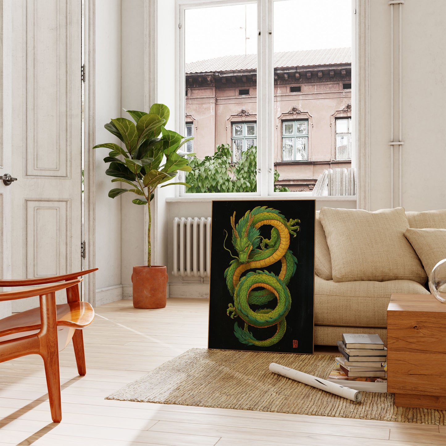 Póster de la espiral del dragón verde místico