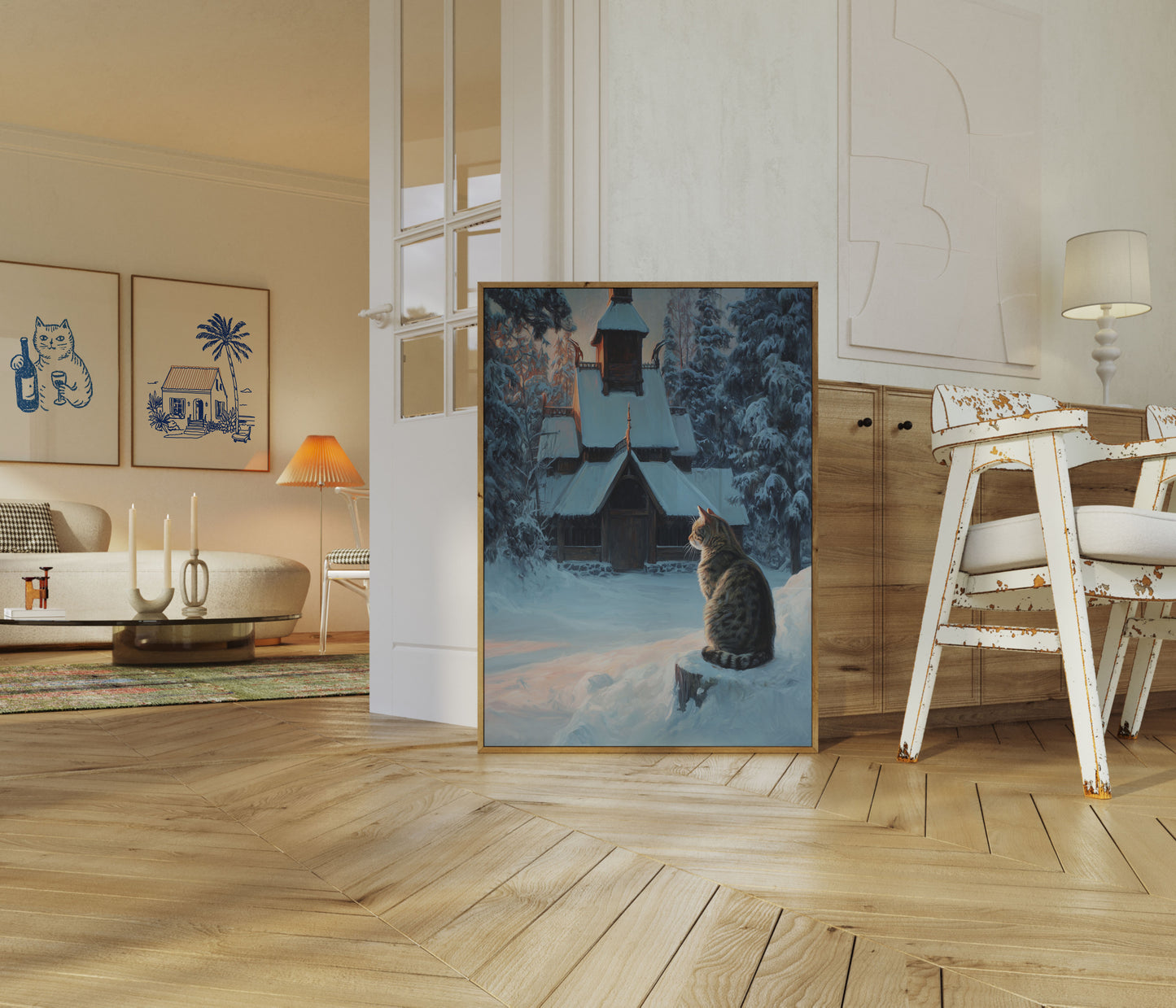 Vinter Kyrko Katt Kontemplation Affisch