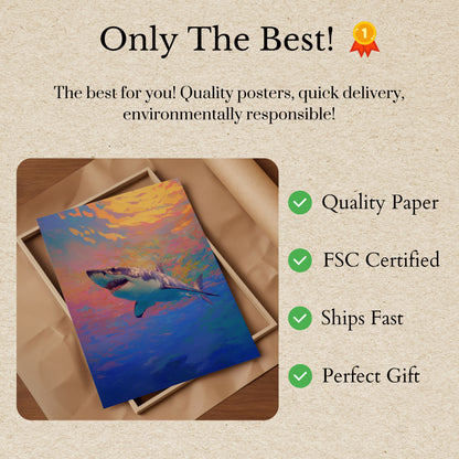 Vibrant Shark Ocean Sunset Poster