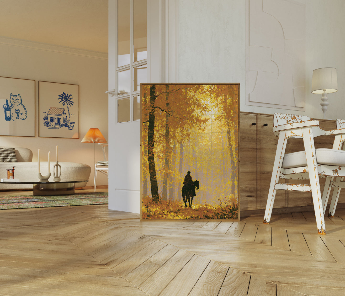 Cowboy Riding Through Golden Forest Poster