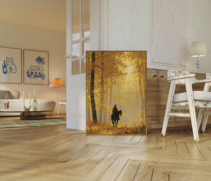 Cowboy Riding Through Golden Forest Poster