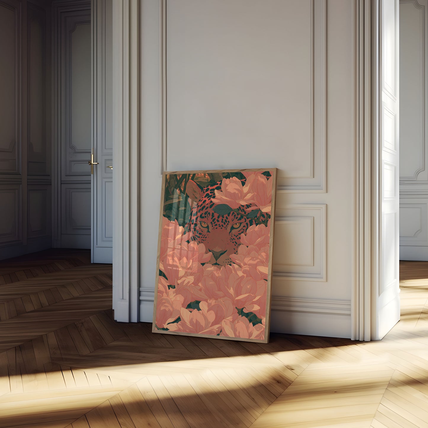 Leopard Among Pink Flowers Poster